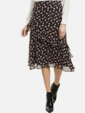 Joie Black Floral Ruffle Midi Skirt